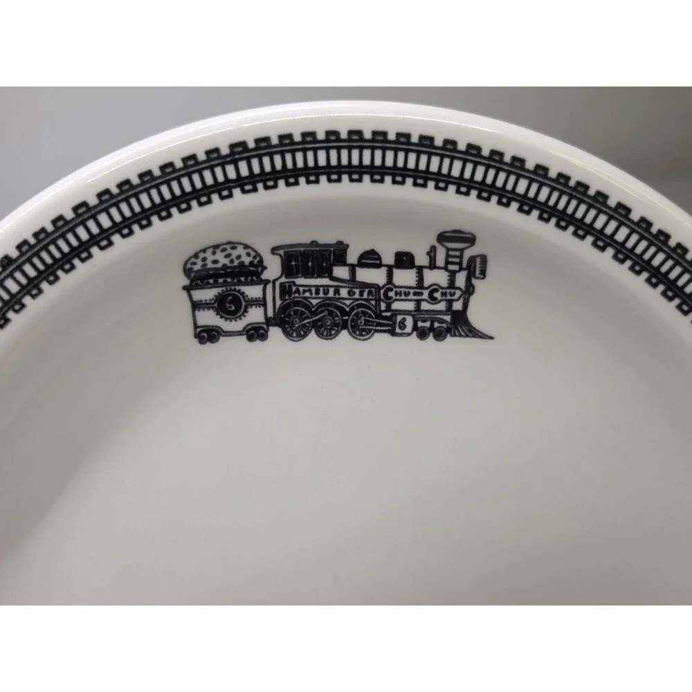 Homer Laughlin Fishs Eddy Hamburger Chu Chu Train Pattern Plate & Bowl Rare Set